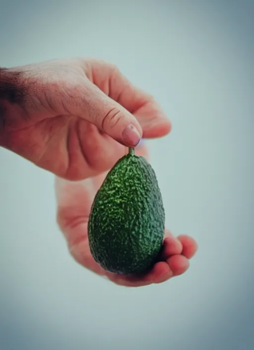 Prompt: photo avocado in a beautiful hand at home photo by phone