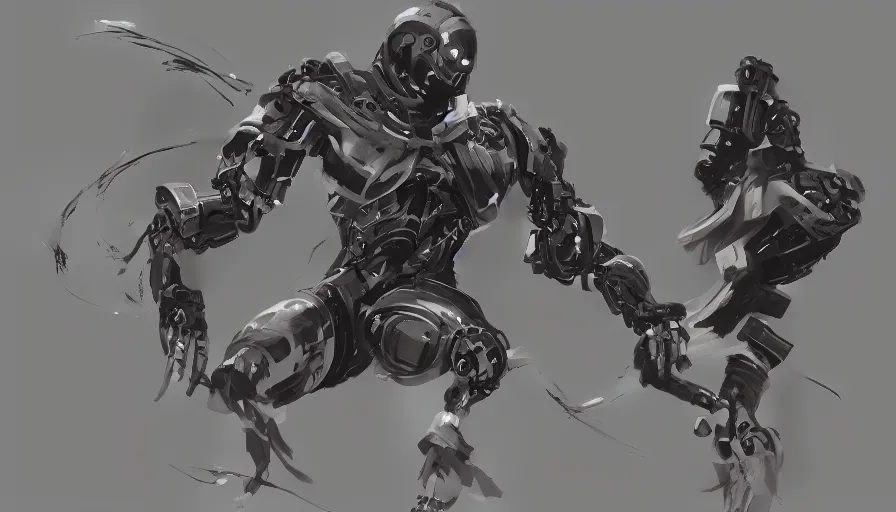 Image similar to concept art of cyborg ninja, dynamic pose, very long shot, enviroment, extremely detailed, jama jurabaev, greig fraser, roger deakins, shaddy safadi, feng shu, neil blevins, trending on artstation, high quality, brush stroke