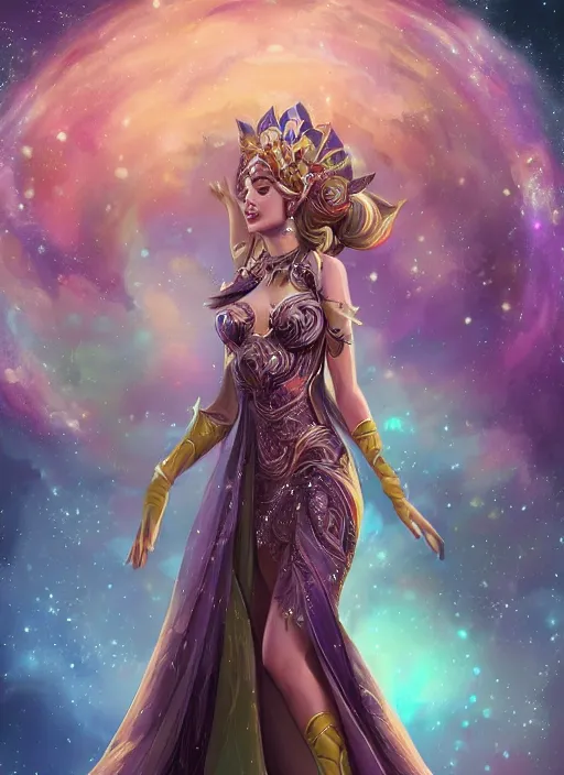 Image similar to a highly detailed illustration of elegant goddess wearing cosmic dress, elegant floating pose, beautiful detailed figure, nebula background, closed eyes smile expression, intricate, elegant, highly detailed, centered, digital painting, artstation, concept art, smooth, sharp focus, league of legends concept art, wlop