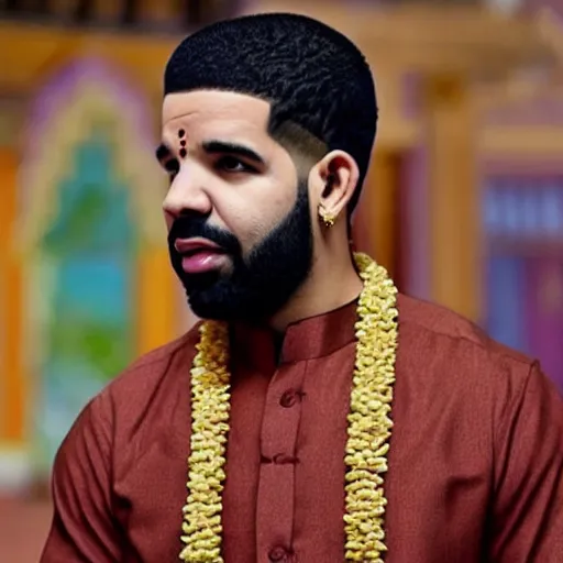 Prompt: photograph of a drake the rapper in a kurta, standing in a hindu kovil, drake the rapper's face