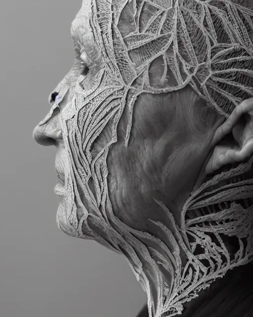 Prompt: a 7 0 year old woman's face in profile, made of intricate decorative lace leaf skeleton, in the style of the dutch masters and gregory crewdson, dark and moody, depth of field