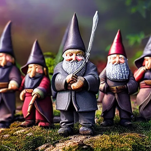 Image similar to garden gnome set of the fellowship of the ring, tilt shift, award winning, highly textured