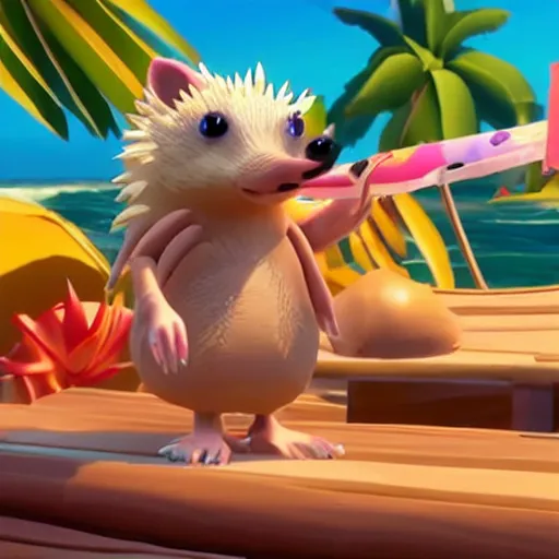 Image similar to hedgehog in a bikini in sea of thieves, hedgehog wearing a bikini, cute, colourful, happy, adorable, funny