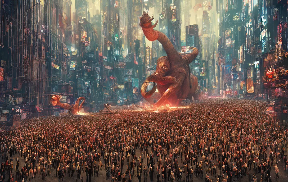 Prompt: photograph a crowd of people connected to a mammoth algorithm machine. new york thanksgiving parade by shaun tan, slim aarons, zhang kechun, national geographic. octane render. in the style of the fifth element, cyberpunk 2 0 4 9.
