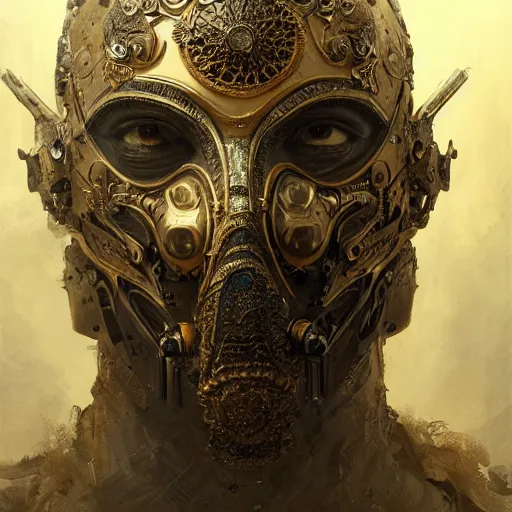 Image similar to Very very very very highly detailed epic photo of face with venetian mask, intricate, dystopian, sci-fi, extremely detailed, digital painting, artstation, concept art, smooth, sharp focus, illustration, intimidating lighting, incredible art by Greg Rutkowski and Jakub Rozalski and Artgerm and Anton Pieck