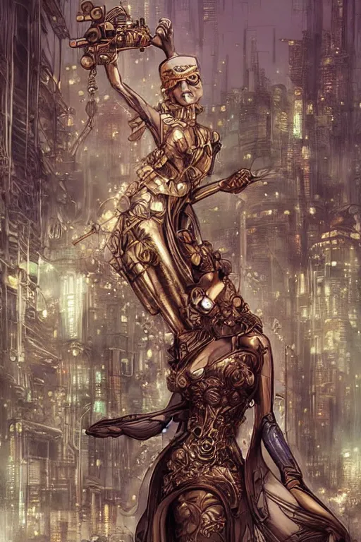 Prompt: brass semi - mechanical woman, portrait, floral art novuea dress, art by ardian syaf, brian froud, moebius, in steampunk cyberpunk cityscape