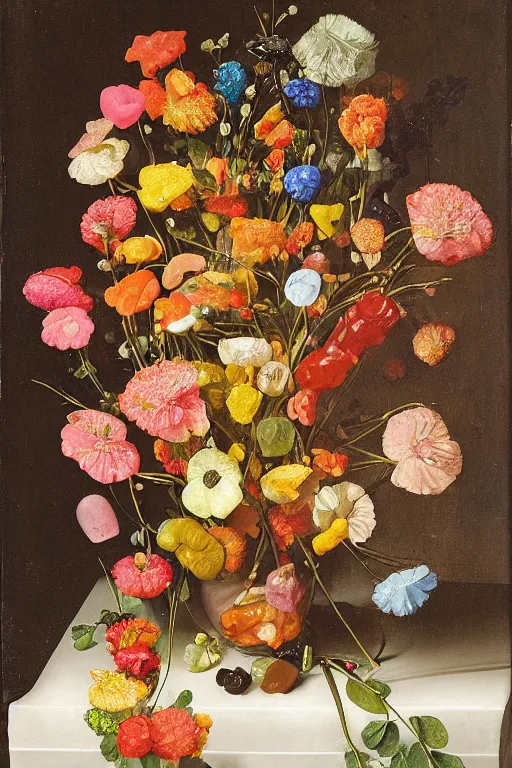 Prompt: still life of a bouquet of gummy bear in the shape of different flowers, but the flowers are actually gummy bears and jelly beans, delicious rubbery translucent squishy sweets, soft light, highly detailed, close up, Northern Renaissance