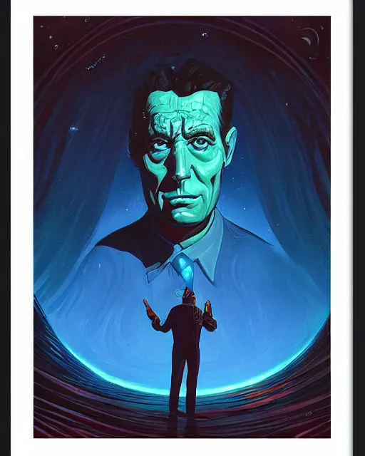 Image similar to a painting of a man standing in front of a giant face, poster art vincent di fate and jack gaughan and dan mumford, cgsociety, space art, lovecraftian, cosmic horror, poster art