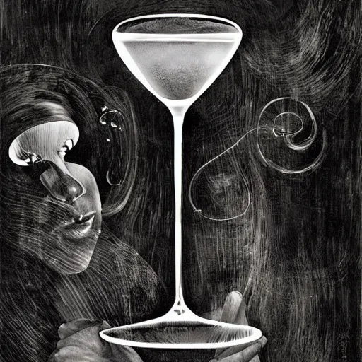 Prompt: A giant martini glass is spilling out liquid, by Dave McKean