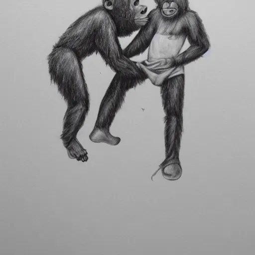 Image similar to pencil art, portait, highly detailed, epic, astronaut chimpanzee holding hands with a friendly human astronaut.