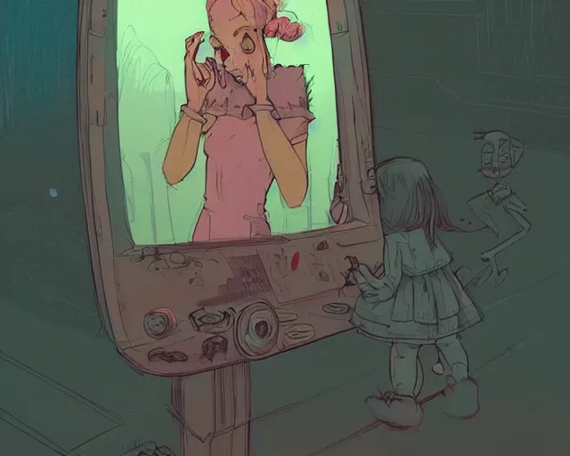 Image similar to a cell shaded cartoon of a girl in dress looking at the mirror to another world dimension, illustration, subtle colors, post grunge, concept art by josan gonzales and wlop, by james jean, victo ngai, david rubin, mike mignola, laurie greasley, highly detailed, sharp focus, alien, trending on artstation, hq, deviantart, art by artgem