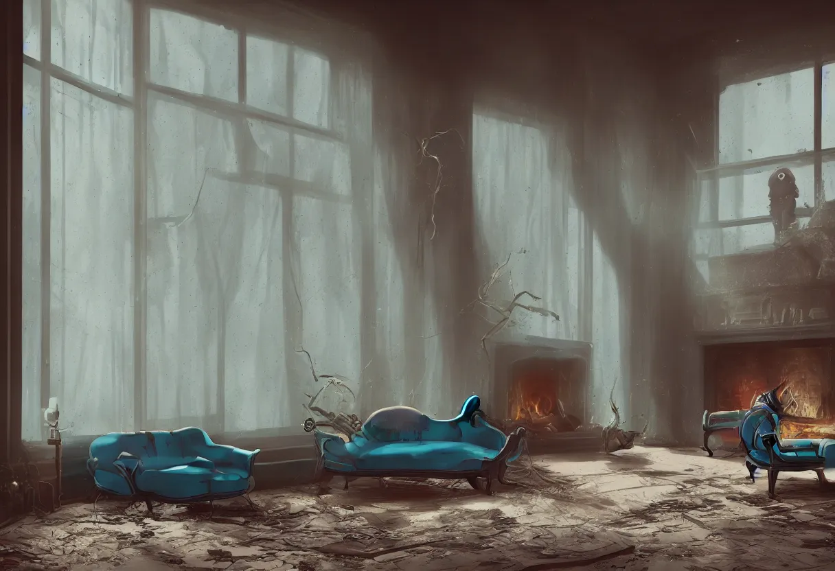 Image similar to intimate photograph of one single lone solitary cerulean and brown decaying futuristic robot lying on a frayed fainting couch in front of a beautiful fireplace with a cozy fire, in a dusty Victorian home, soft morning light seeping in a window, with cinematic lighting and lens flare, tall ceiling, octane render, cgsociety, by Simon Stalenhag and Rouhollah Toghyani and Sylvian Boussiron and Alfonso Cuaron, highly detailed closeup portrait, award-winning highly detailed 8k anamorphic closeup tight cinematic movie photograph