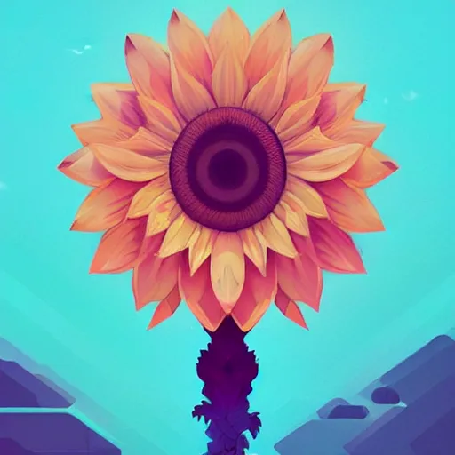 Prompt: beautiful digital sunflower in stunning pick sea, VERY LIGHT pink and blue scheme, isometric, by Anton Fadeev and Simon Stalenhag, trending on artstation, low contrast