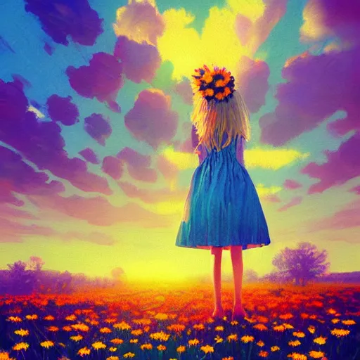 Image similar to girl with a full daisies head, surreal photography, flower field, sunset dramatic light, impressionist painting, colorful clouds, blue sky, digital painting, artstation, simon stalenhag