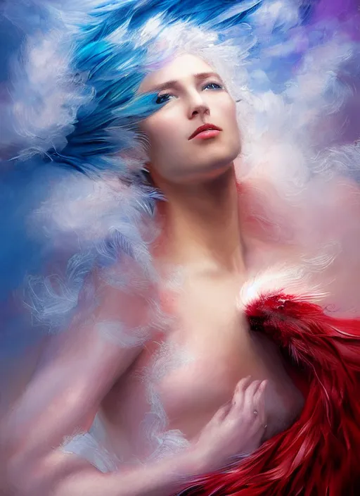 Prompt: a painting of a woman who made of curly and transparent feathers and cloud with red edges is holding a sword, a digital painting by charlie bowater, made of many translucent layers of blue feathers and cloud, metaphysical painting, speedpainting, digital painting, holographic undertones, highly saturated colors, 4 k, digital art, concept art, trending on artstation