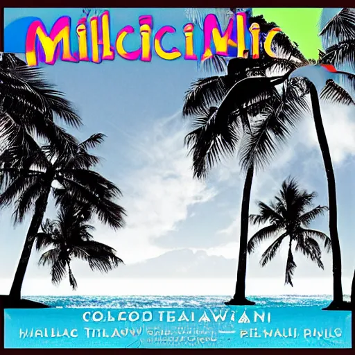 Image similar to miracle musical Hawaii part ii album cover, showing an ocean in the background, spiral transparent stairs on the left with tall palm trees behind it, a slight rainbow in the background, white outline border, moon in the right top area black and white