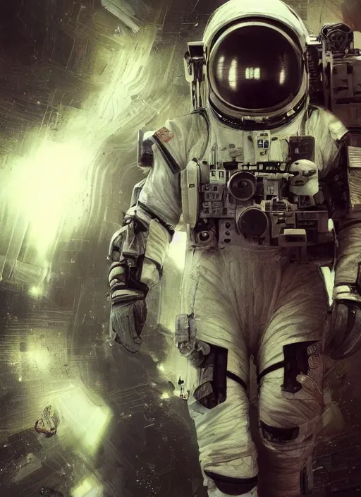 Image similar to complex poster by craig mullins astronaut is under tremendous strain in futuristic dark and empty spaceship. infrared glowing lights. complex and hyperdetailed technical suit. reflection and dispersion materials. rays and dispersion of light. volumetric light. 5 0 mm, f / 3 2. noise film photo. flash photography. unreal engine 4, octane render. interstellar movie art