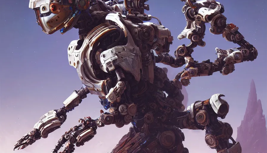 Image similar to a warrior robot astronaut, floral! looks like a machine from horizon zero dawn designed by apple, in socotra island, posing for a fight, intricate, elegant, highly detailed, digital painting, establishing shot, an epic fantasy, artstation, smooth, sharp focus, illustration, art by artgerm and greg rutkowski, 8 k