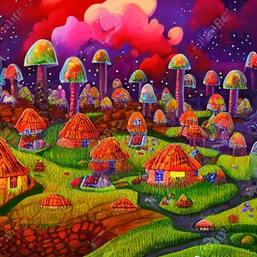 Image similar to colorful village made of mushrooms connected by a vast mycelial network, dreamy landscape, prismatic lighting