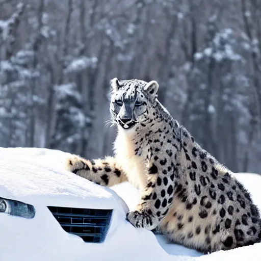 Prompt: snow leopard driving a car, professional photo