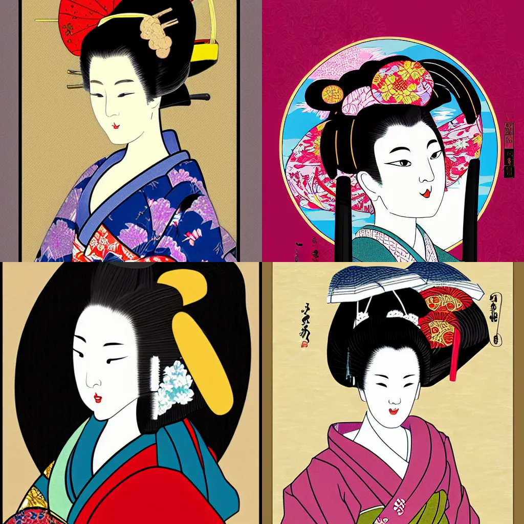 Prompt: digital painting of beautiful geisha in the style of ukiyo - e art