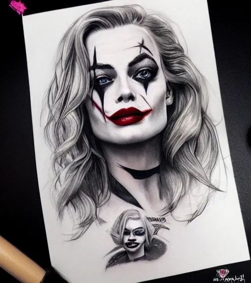 Image similar to tattoo design sketch of beautiful margot robbie portrait with joker makeup, in the style of den yakovlev, realistic face, black and white, faded outline, realism tattoo, hyper realistic, highly detailed