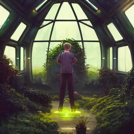 Image similar to , boy with grandma in scifi green house, spaceship, plants, viewed from afar, stephen bliss, misty, unreal engine, fantasy art by greg rutkowski, loish, ferdinand knab, and lois van rossdraws, global illumination, radiant light, minimalist, detailed and intricate environment