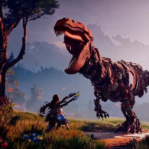 Image similar to cinematic still of horizon zero dawn, si - fi robotic tyrannosaurus rex, highly detailed