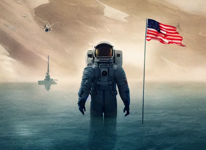 Image similar to astronaut holding a flag in an underwater desert. a submarine is visible in the distance. dark, concept art, cinematic, dramatic, atmospheric, 8 k, trending on artstation, blue, fish, low visibility, fog, ocean floor, christopher nolan, interstellar