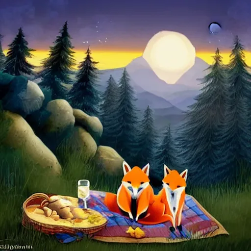 Image similar to a fox and a wolf having a picnic together on the top of a scenic hill at sunrise, storybook illustration