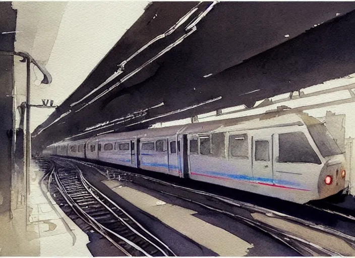 Image similar to concept art of a urban train, pinterest, artstation trending, behance, watercolor, by coby whitmore *, silver, laser light *,