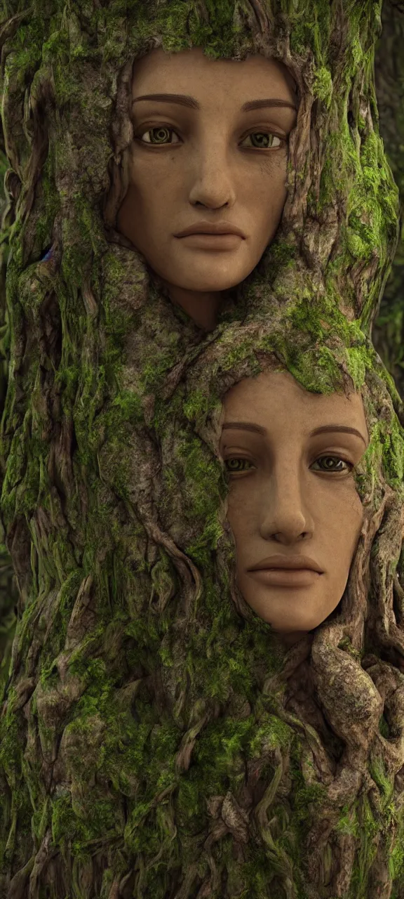 Image similar to photograph of hyperrealistic hyperdetailed ancient woman face in the shape of a tree covered with bark and moss, in a dark mysterious forest, unreal engine, octane,