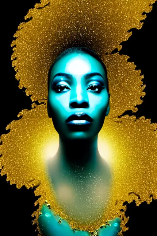 Image similar to hyperrealistic post - futurist cinematic very expressive! profile black oshun goddess, in water!! up to shoulders, mirror dripping droplet!, gold flowers, highly detailed face, digital art masterpiece, smooth eric zener cam de leon, dynamic pearlescent turquoise light, low angle uhd 8 k, sharp focus