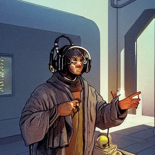 Prompt: Beggar priest with cyberpunk headset in busy spaceport on luna 5 colony. Concept art by James Gurney and Mœbius.