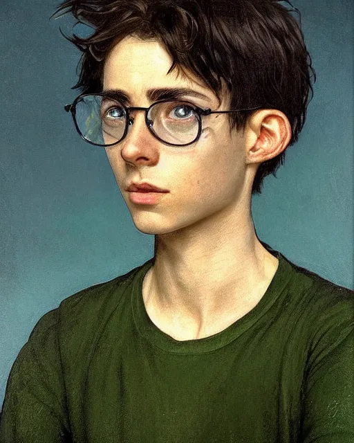 Prompt: portrait of a small, skinny 1 7 - year - old boy with a thin face, black hair, green eyes, round shape glasses, thin scar on his forehead, wearing white shirt, potter, hyper realistic face, beautiful eyes, close up, fantasy art, in the style of greg rutkowski, intricate, alphonse mucha, hyper detailed, smooth