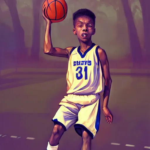 Image similar to portrait of a boy at a basketball court playing basketball wearing a basketball uniform in a basketball court standing near the basketball hoop, poised, intense emotion, detailed facial expression, detailed surroundings, intricate, elegant, highly detailed, centered, digital painting, artstation, concept art, smooth, sharp focus, illustration, by Peter Mohrbacher, WLOP