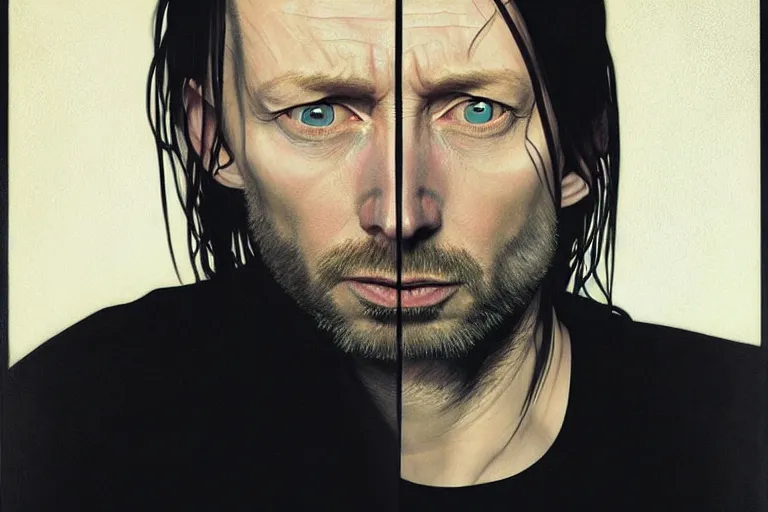 Prompt: hyper realistic portrait of thom yorke mixed with trent reznor, bigger forehead, bigger chin, from the side, by lee bermejo, alphonse mucha and greg rutkowski