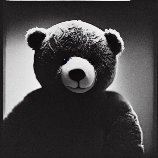 Image similar to a ( ( ( ( ( ( ( ( ( chiaroscuro lighting portrait ) ) ) ) ) ) ) ) ) ) of kanye west dressed as teddy bear mascot, black background, portrait by julia margaret cameron, shallow depth of field, 8 0 mm, f 1. 8