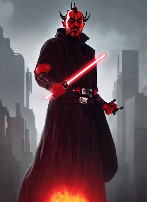 Image similar to highly detailed poster of darth maul with yellow eyes in gta v, unreal engine, fantasy art by greg rutkowski, global illumination, radiant light