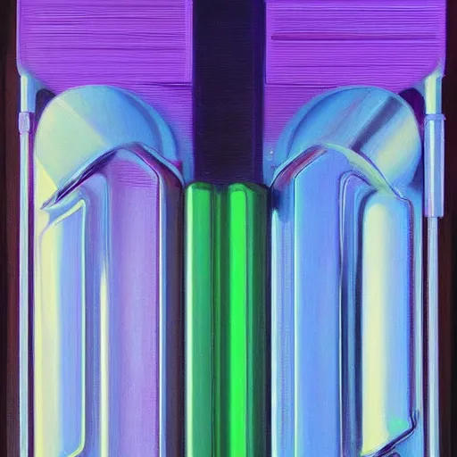 Image similar to a painting by Wayne Thiebaud of a high end Nvidia GPU RTX, cooling, high specs, ethereal!!!!!!!, by Wayne Thiebaud, neon gradient, highly detailed GPU