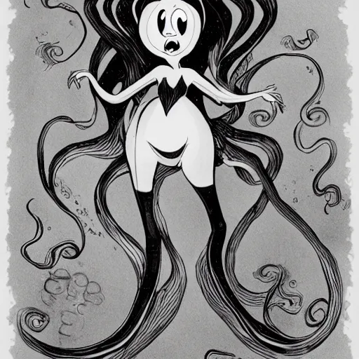 Prompt: a cartoon character of a human - octopus, character - portrait, ursula the sea witch, grotesque, creepypasta, by glen keane, disney