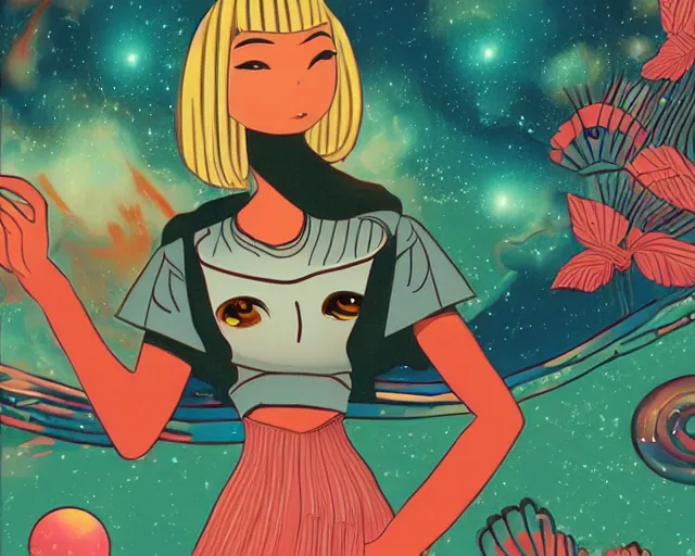 Prompt: 'There is nothing so loathsome as a sentimental surrealist.' illustration by zasxi kdiop, zido, 3000s retro anime aesthetic wallpaper. An isolated girl, dreaming of the galaxy express. I dream of a futuristic, utopian space ship, complete with the sound of the stars dancing to our music