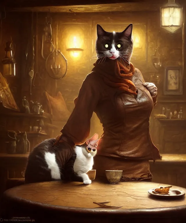 Image similar to hyperrealistic mixed media painting of a creepy smiling cat, dimly lit cozy tavern, leather tunic, confident relaxed pose, d&d, stunning 3d render inspired art by Gerlad Brom and Anna Dittmann + perfect facial symmetry + dim volumetric lighting, 8k octane beautifully detailed render, post-processing, extremely hyperdetailed, intricate, epic composition, grim yet sparkling atmosphere, cinematic lighting + masterpiece, trending on artstation, very very detailed, masterpiece, stunning