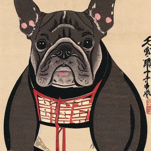 Image similar to Japanese woodblock print of a brindle French bulldog samurai