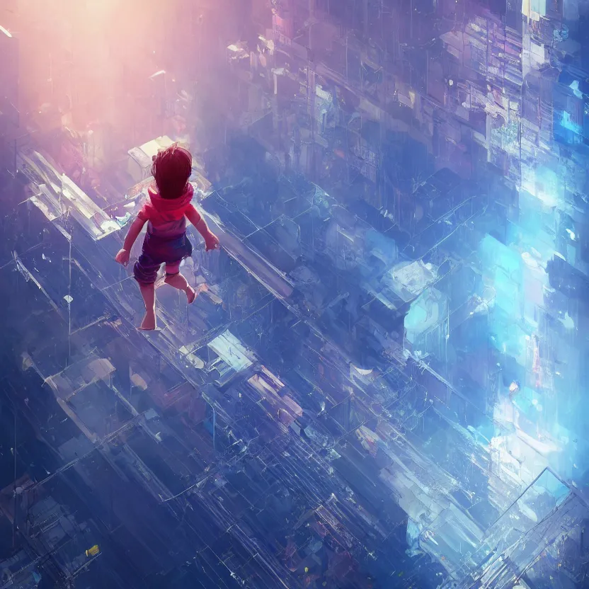 Prompt: An ultra-high resolution photograph of a kid in an elevator mid air, sci-fi, fututistic, by Yoshitaka Amano and Alena Aenami, Trending on Artstation, nvidia, matte painting, unreal enginqe