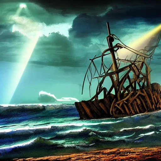 Prompt: wooden shipwreck of old pirate ship on rocks at sea, dramatic lighting, sun beams, god rays illuminating wreck, dark background, gloomy green sea, fantasy art, painting, concept art, oil painting, brushstrokes