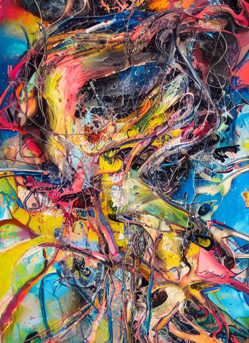 Image similar to abstract expressionism oil painting intertwined with a mutant biomorphic biological biogeometric structure, spray paint texture, drips, impasto paint, 3 d graffiti texture, brushstrokes, abstract, highly detailed, hyperealistic fresh paint, harmonious, chaotic, colorful, in the style of jenny saville