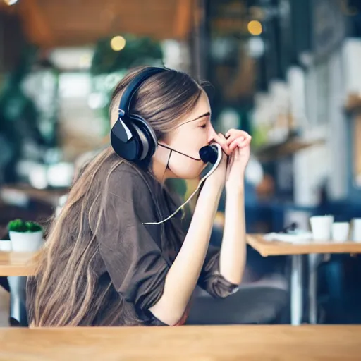 Image similar to girl using a headphone in a cafe