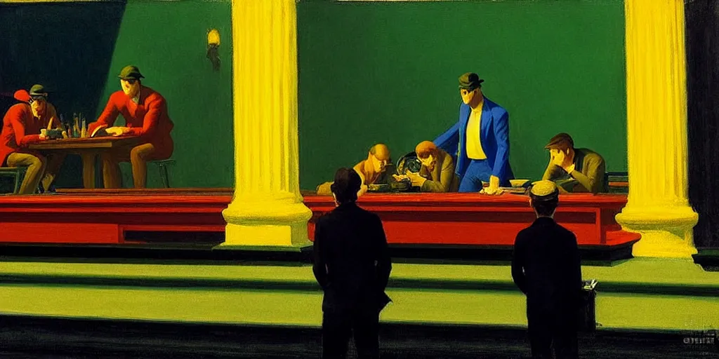 Prompt: jim carrey in the painting nighthawks by edward hopper with