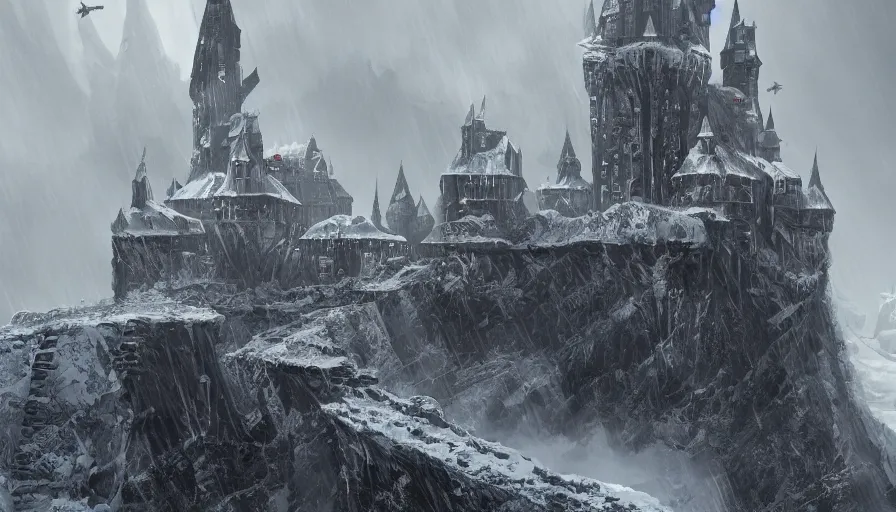 Prompt: Huge grey and black castle with bridges built on the edge of a snowy cliff, hyperdetailed, artstation, cgsociety, 8k